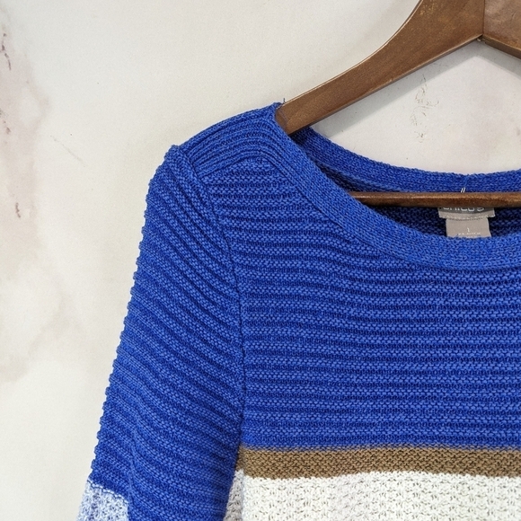 Chicos Sweater Womens Medium 1 Blue Brown White Striped Knit - Picture 2 of 12